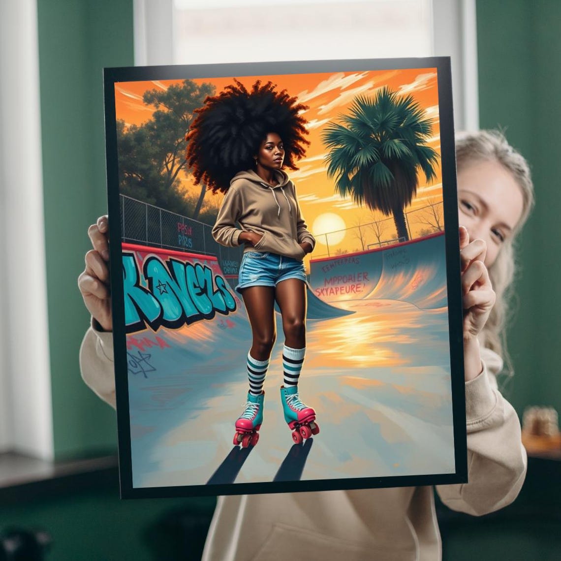 Retro Roller Skating Woman at Sunset Graffiti Skate Park Poster