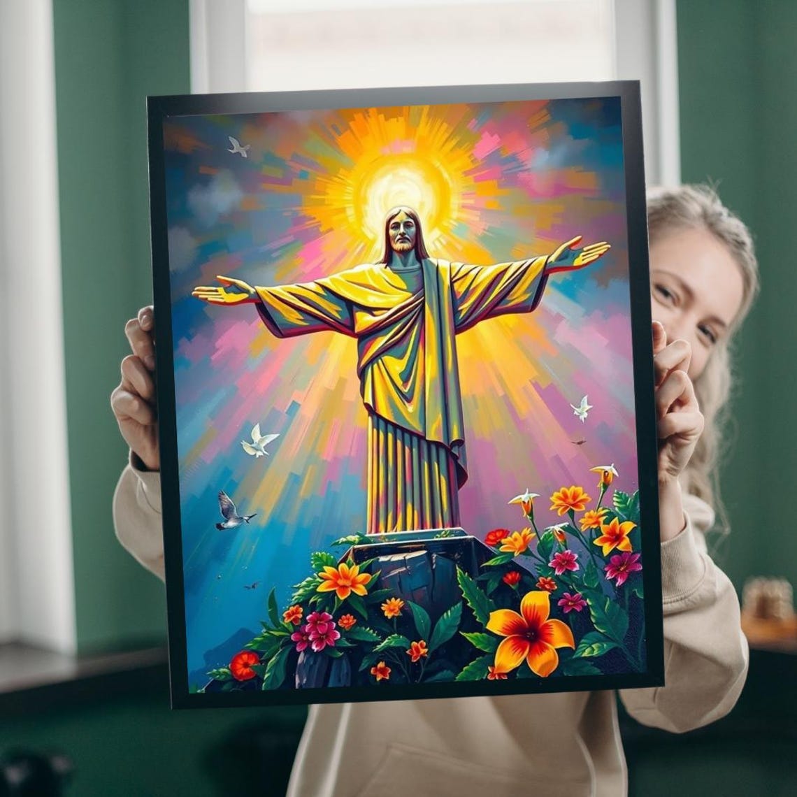 Christ the Redeemer Rio de Janeiro Sunburst Floral Art Poster