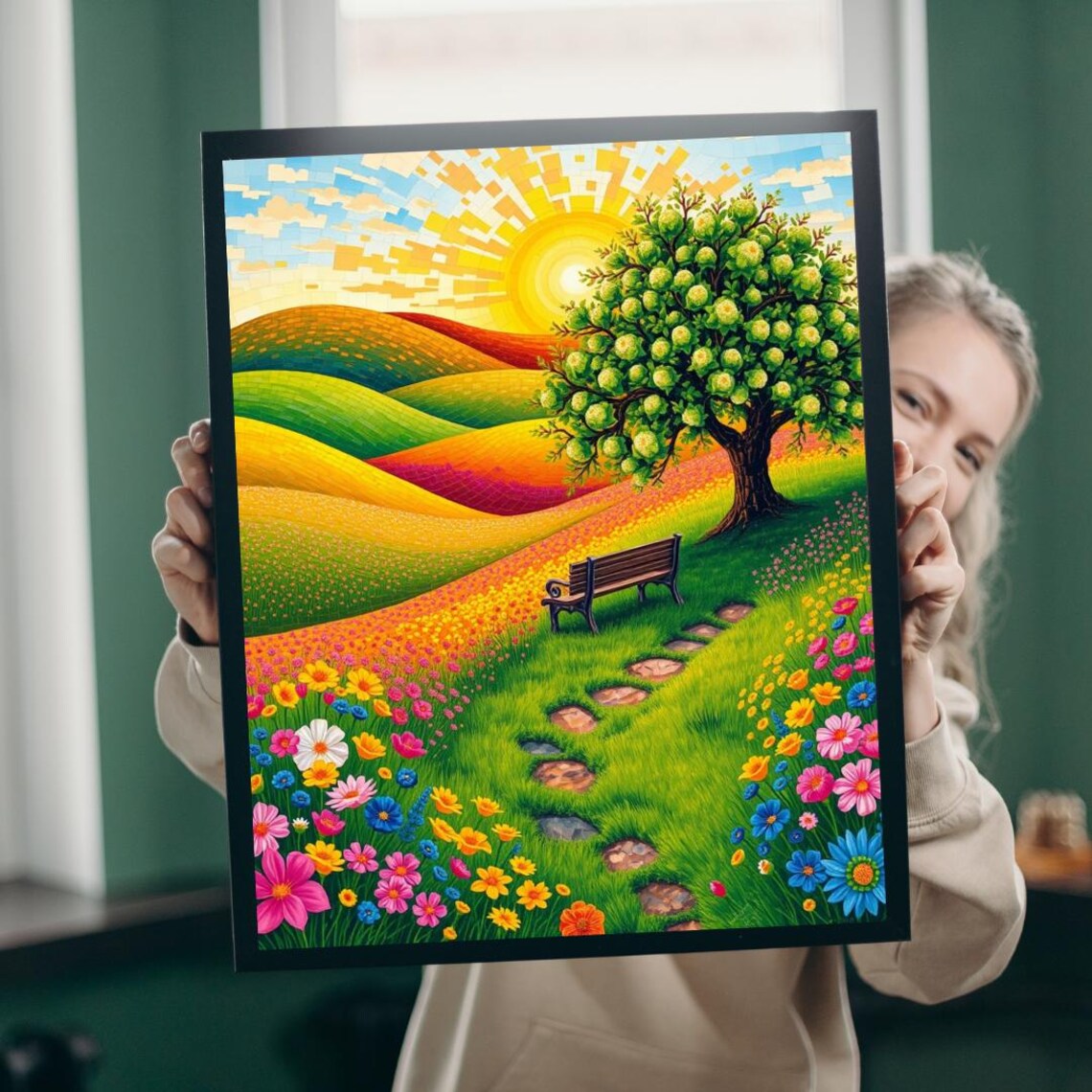 Sunny Mosaic Hillside Apple Tree Bench Floral Landscape Poster