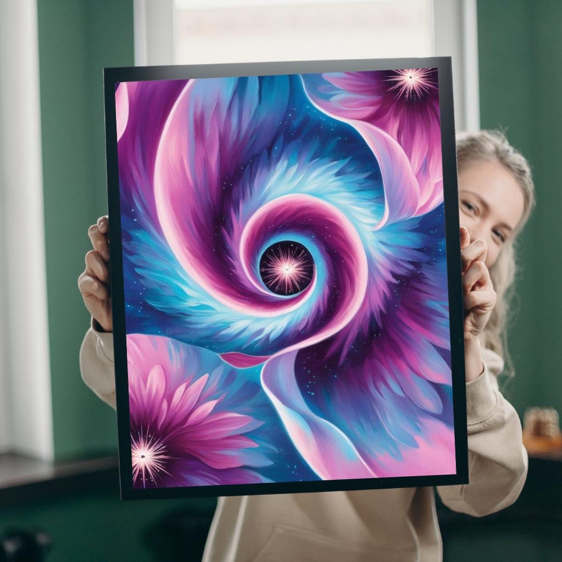 Spiral Flower Bloom Cosmic Purple Pink Abstract Swirl Art Poster