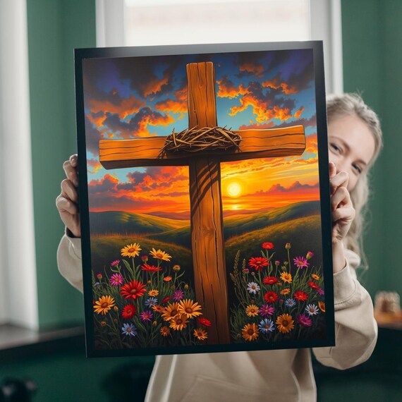 Crown Of Thorns Wooden Cross Sunset Wildflowers Scene Poster