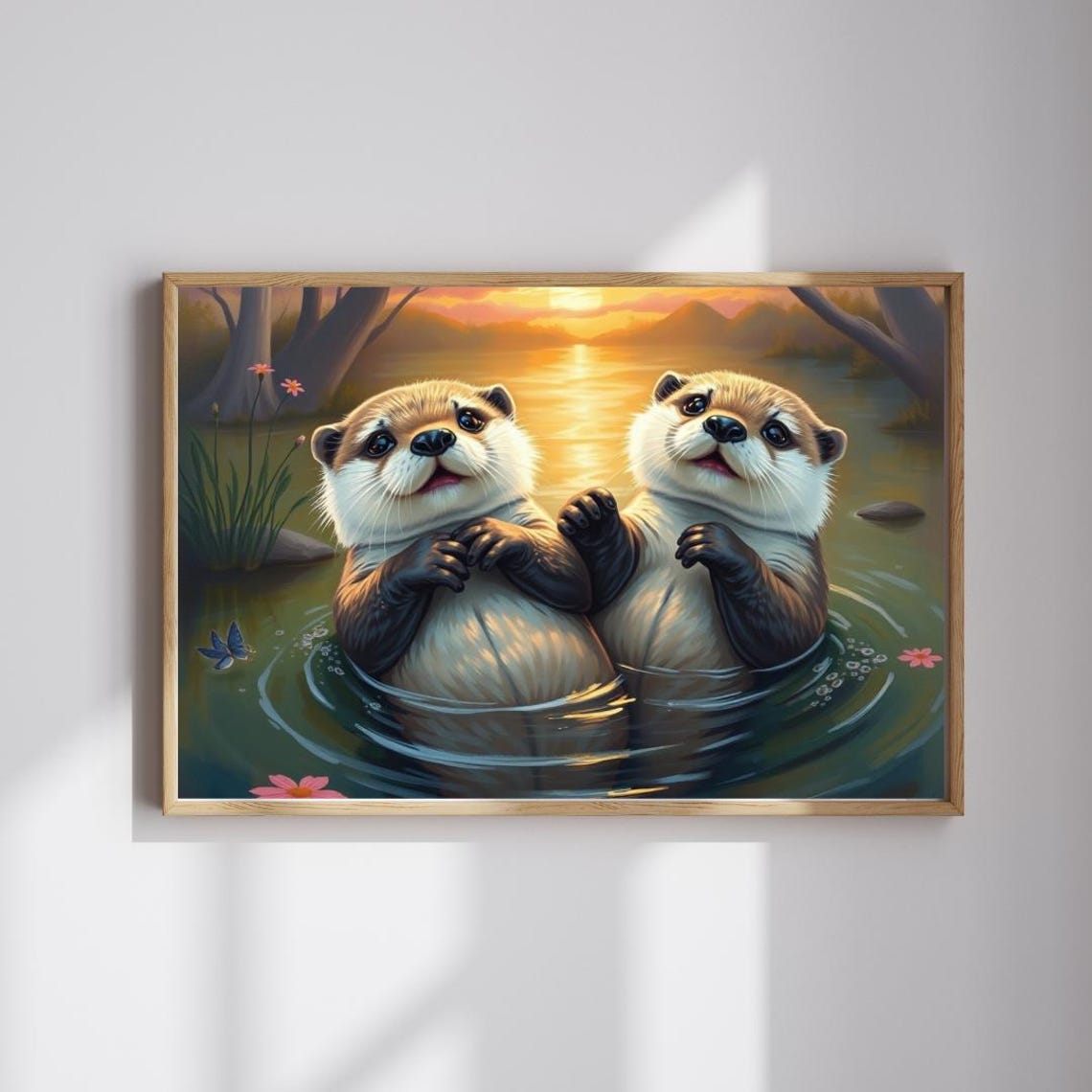 Two Playful Otters Floating Together at Golden Sunset Water Poster