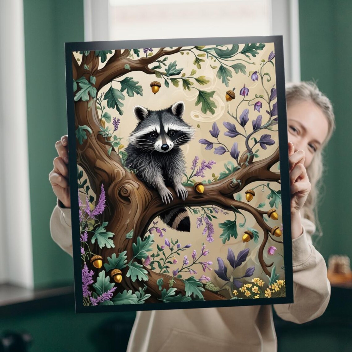 Baby Raccoon Oak Branch Acorns Floral Morris Inspired Cute Art Poster