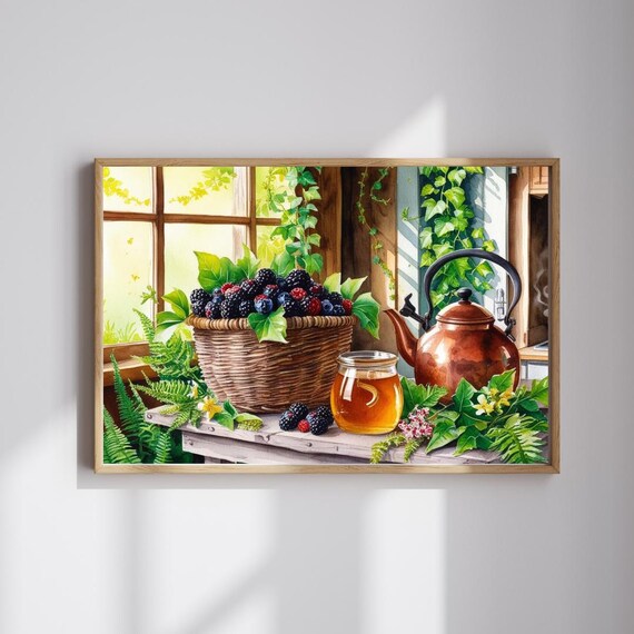 Wild Berries Honey Watercolor Still Life Blackberry Kettle Poster