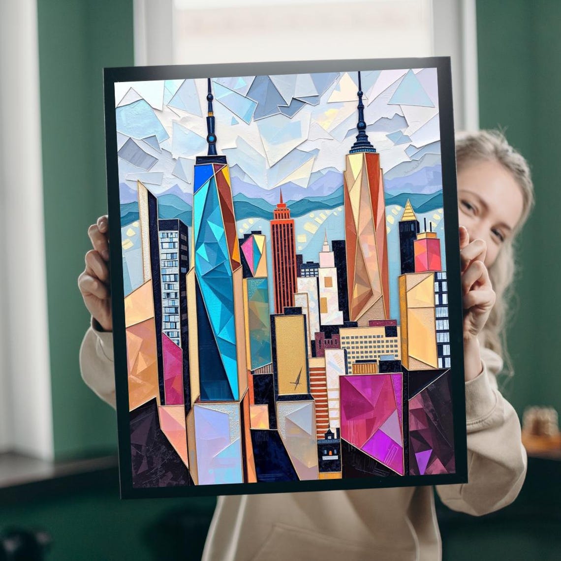 Iridescent Geometric Skyscraper Skyline Mosaic Cityscape Art Poster
