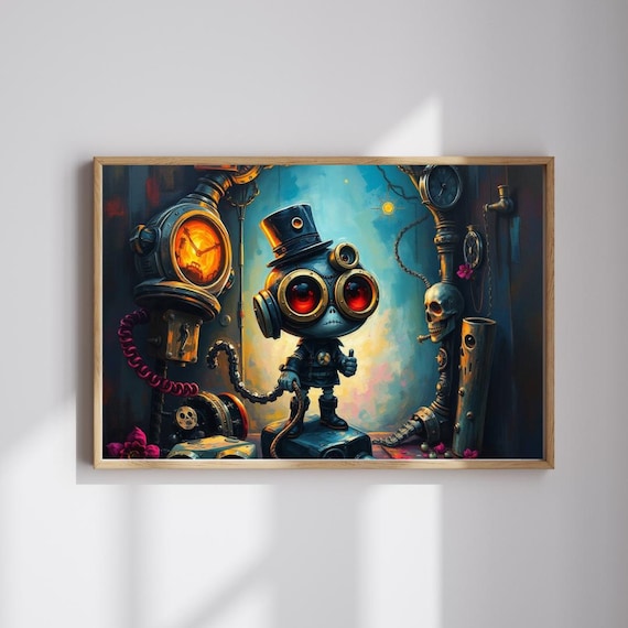 Steampunk Robot with Top Hat Goggles and Red Glowing Eyes Wall Art