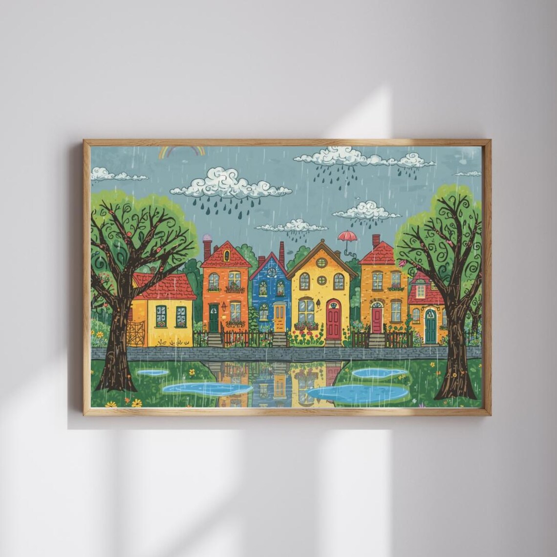 Rainy Day Storybook Town Puddles Reflecting Houses Cheerful Art Poster