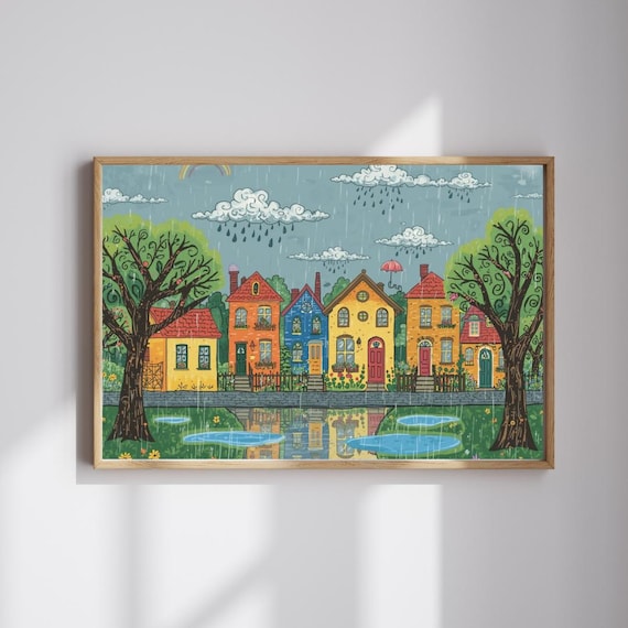 Rainy Day Storybook Town Puddles Reflecting Houses Cheerful Art Poster