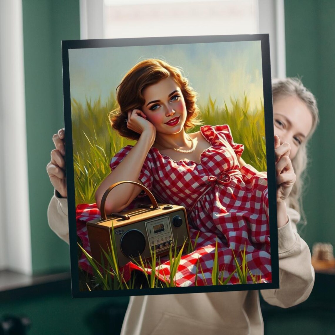 Retro Picnic Woman Gingham Dress Vintage Radio Summer Poster