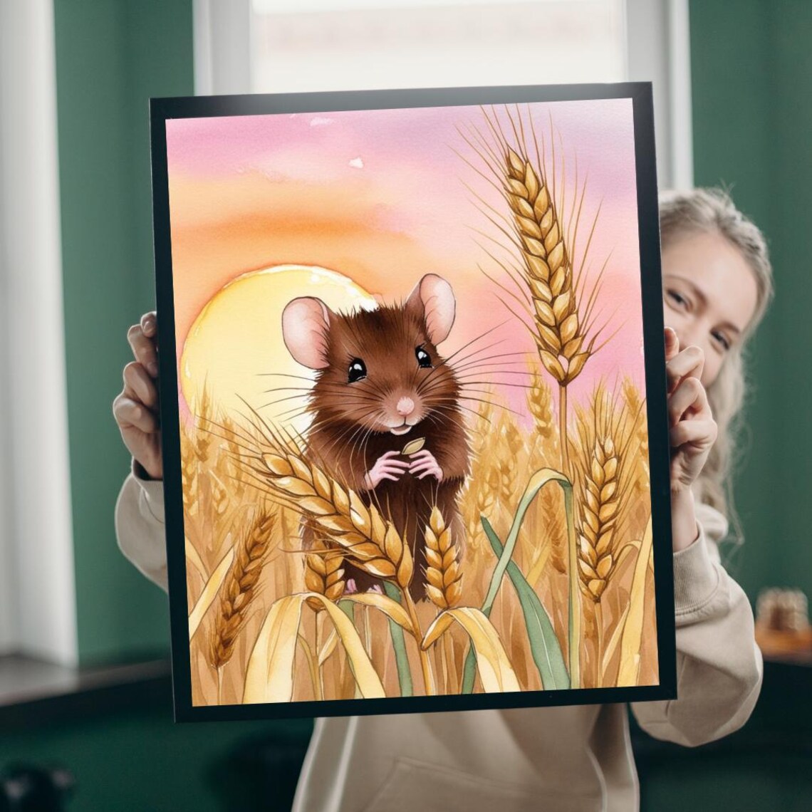 Cute Mouse In Golden Wheat Field Sunset Watercolor Animal Print