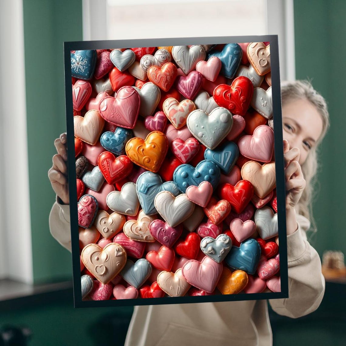 Colorful 3D Hearts Collage Love Valentine Romantic Pattern Poster