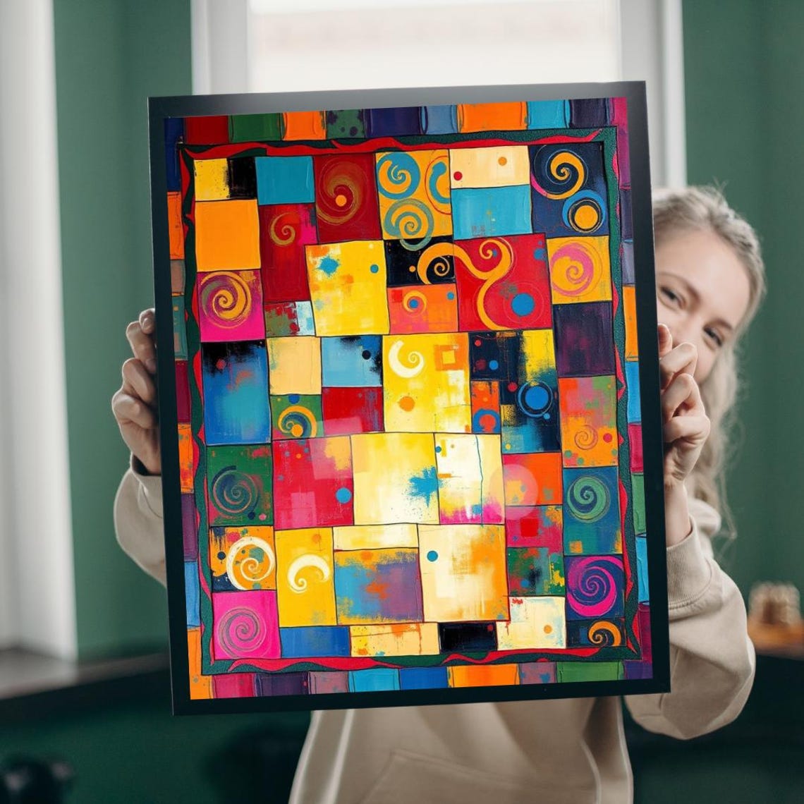 Colorful Patchwork Quilt Squares Swirls Playful Abstract Art Poster