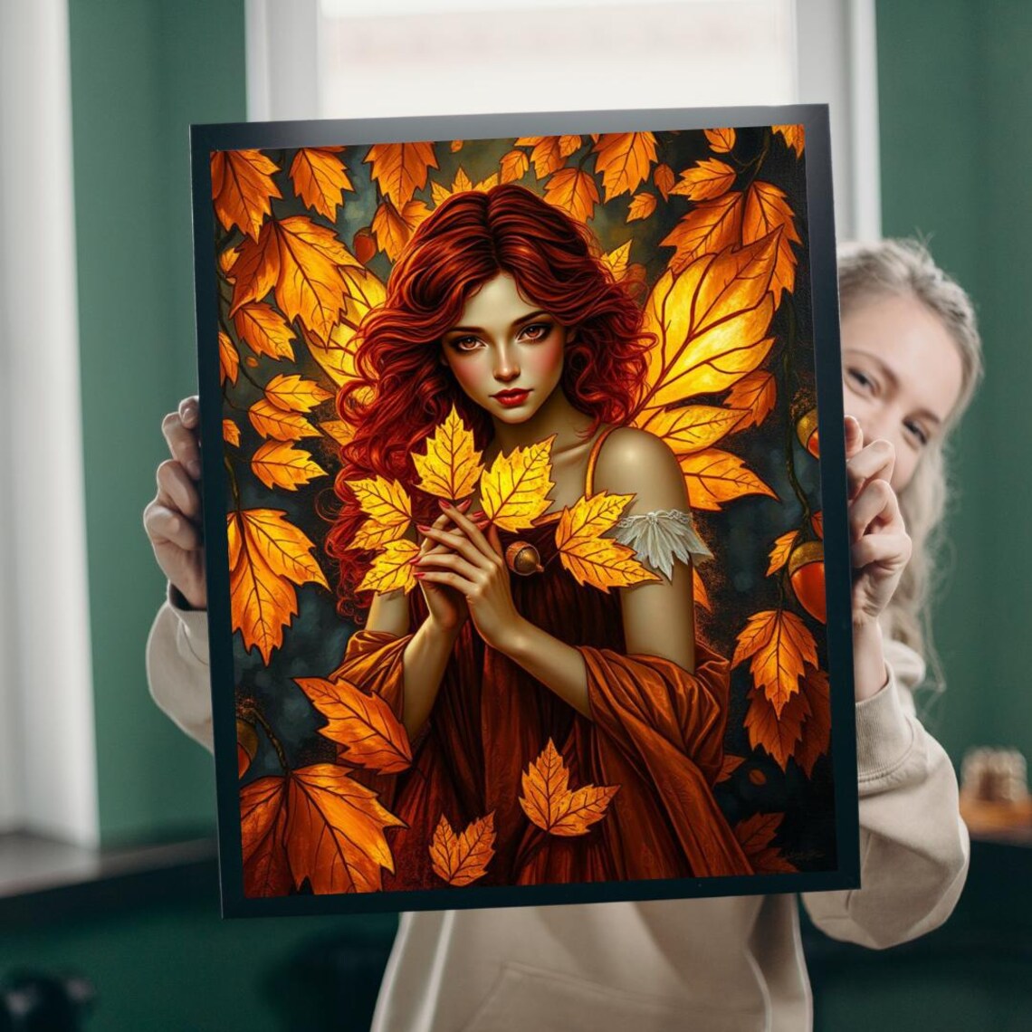 Autumn Fairy Red Hair Golden Maple Leaves Fantasy Portrait Poster
