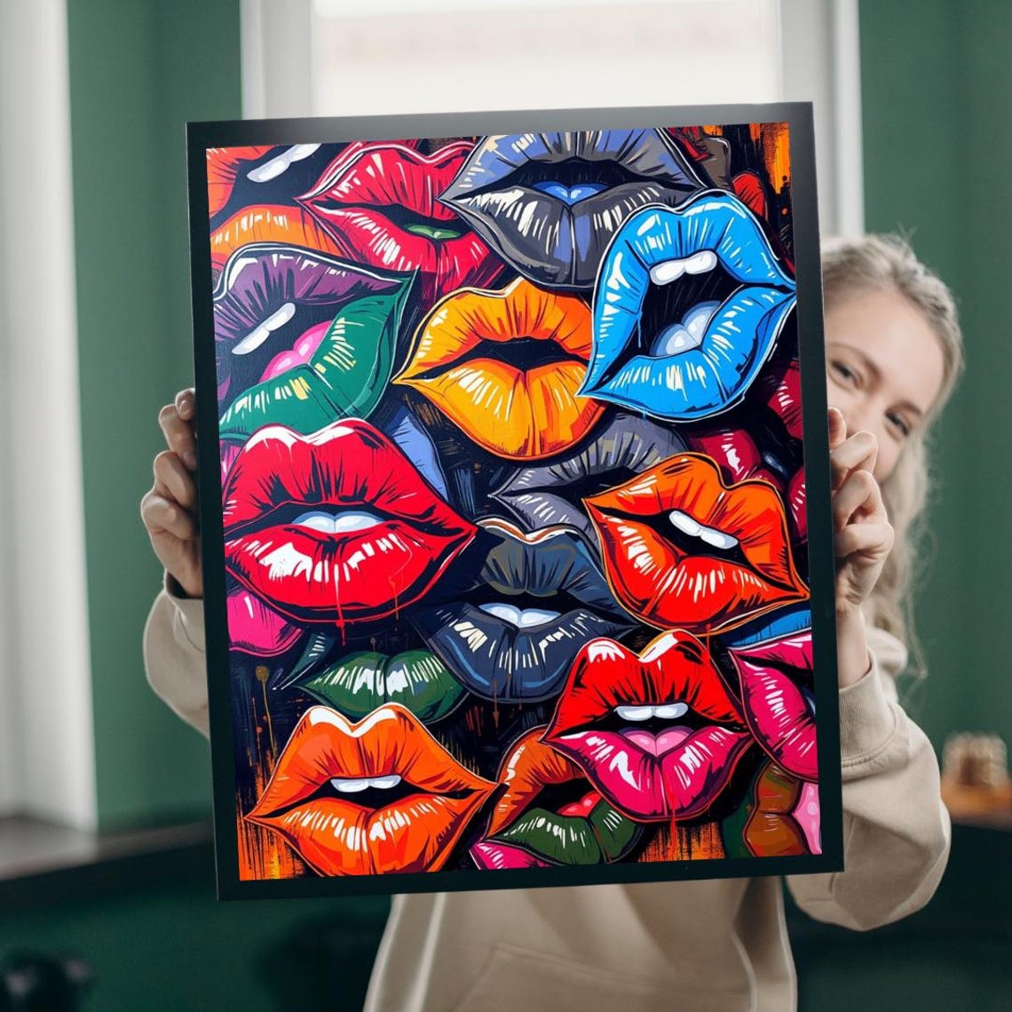 Graffiti Style Lips Collage Dark Background Bold Street Art Poster
