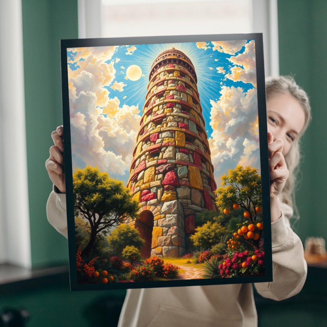 Tower of Babel Biblical Stone Tower Garden Storybook Art Poster