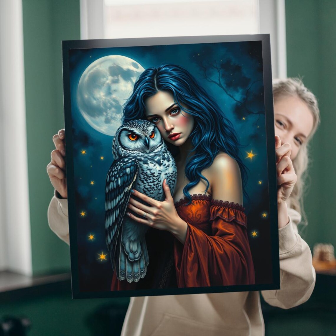 Woman Holding Owl Moonlit Night Stars Gothic Mystery Art Poster