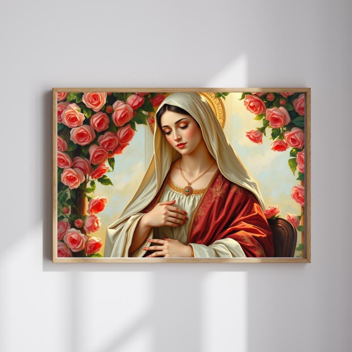 Virgin Mary With Pink Roses and Golden Halo Religious Art Poster
