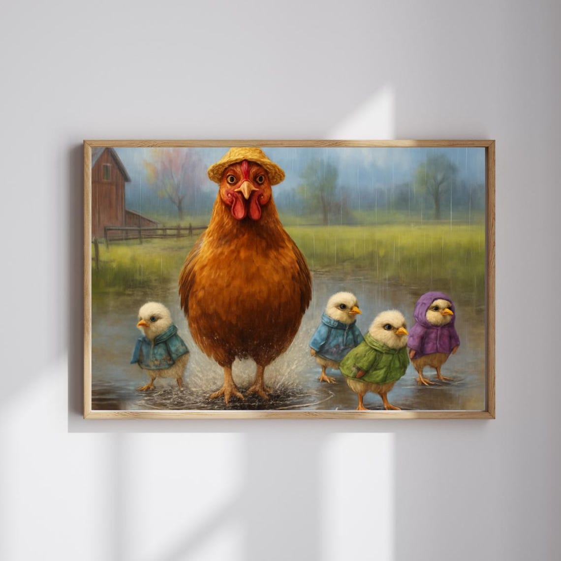 Rainy Day Chicken Family Hen in Straw Hat Chicks Raincoats Poster