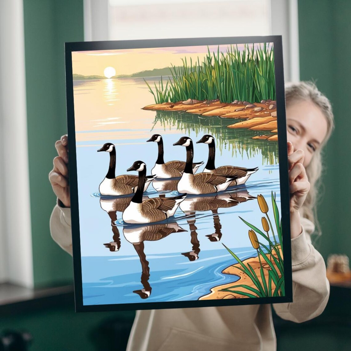 Canada Geese Sunrise Lake Illustration Wildlife Birds Waterfowl Nature Poster
