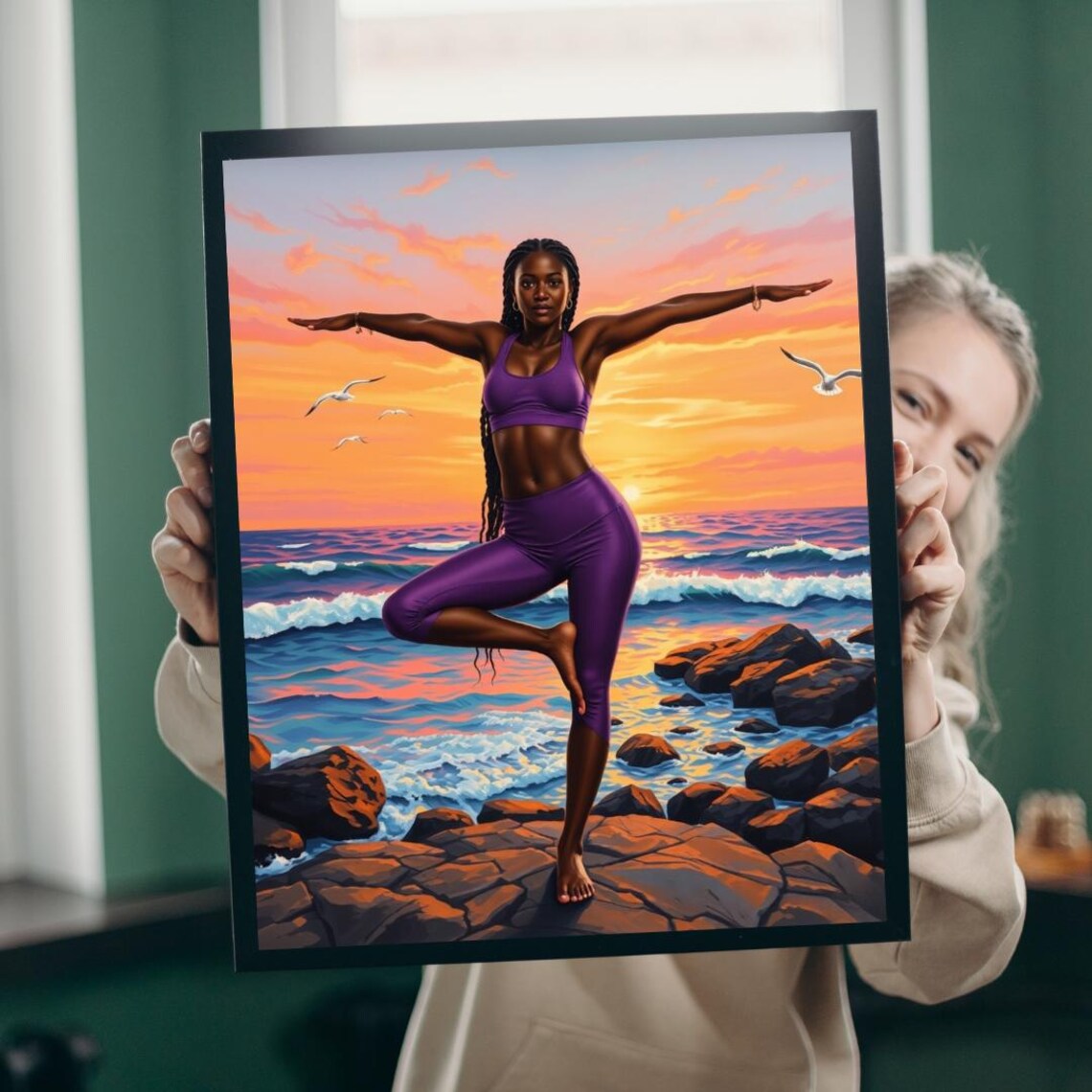 Beach Yoga Sunset Poster Strong Woman Warrior Pose Ocean Waves Art