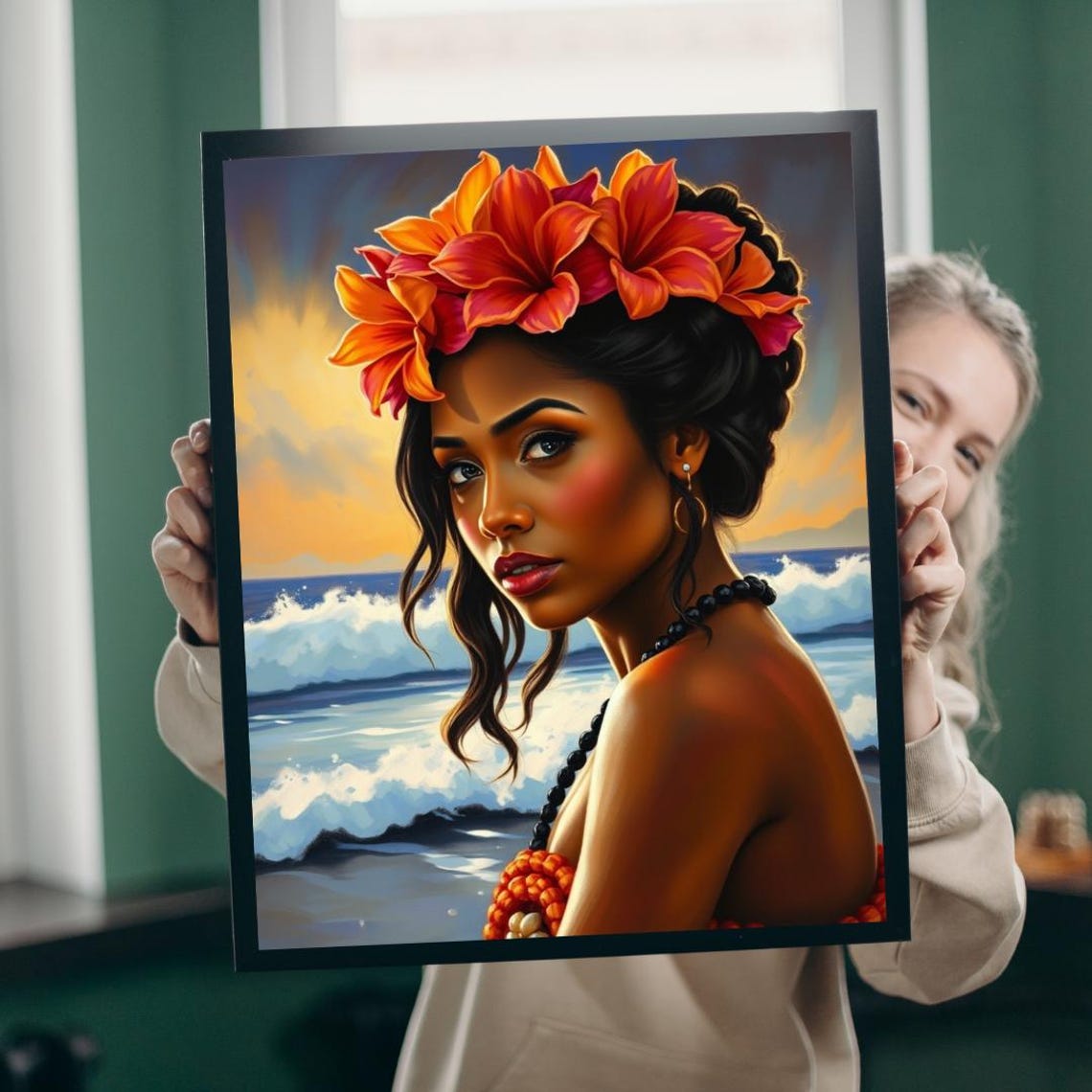 Polynesian Woman Floral Crown Sunset Beach Portrait Wall Art