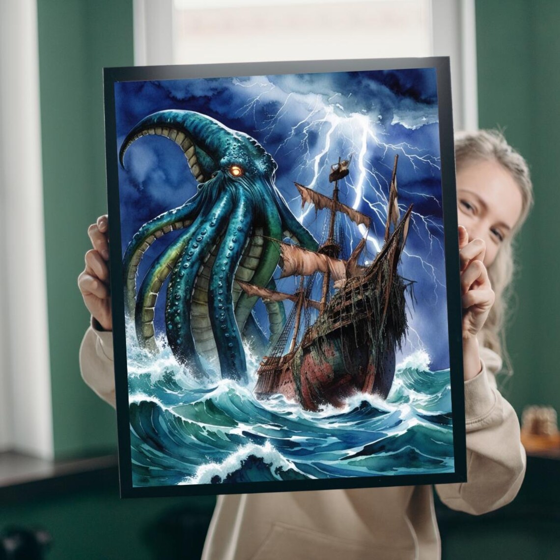Kraken Puzzle Stormy Pirate Ship Art Print