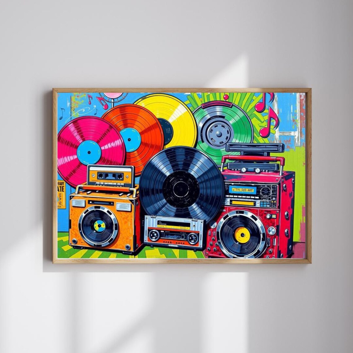 Retro Vinyl Records and Colorful Boombox Music Collage Art Poster