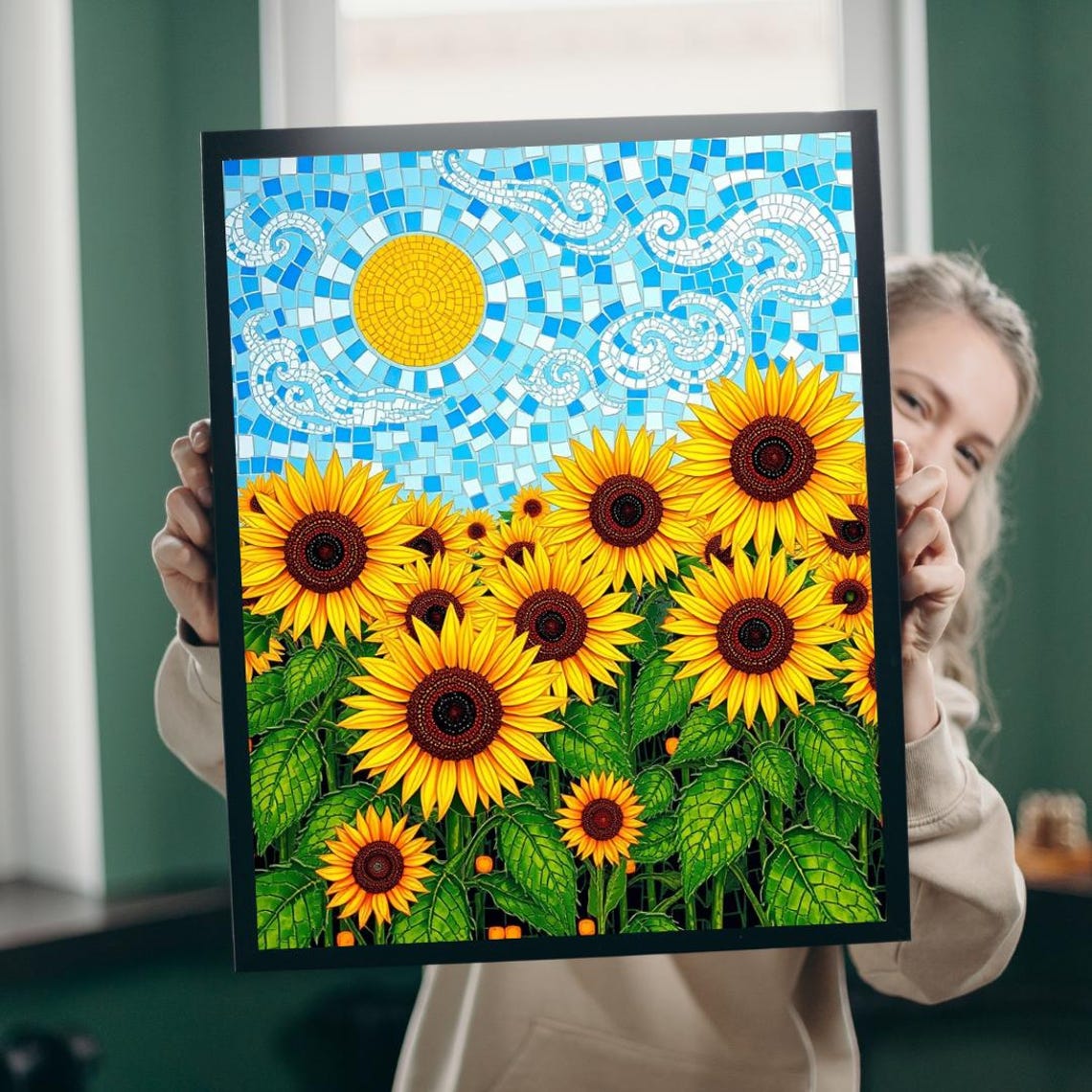 Mosaic Sunflower Field Under Blue Tile Sky Bright Art Poster