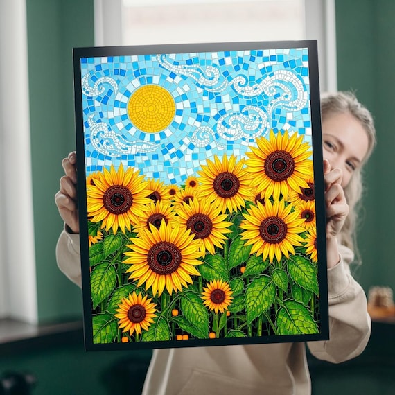 Mosaic Sunflower Field Under Blue Tile Sky Bright Art Poster