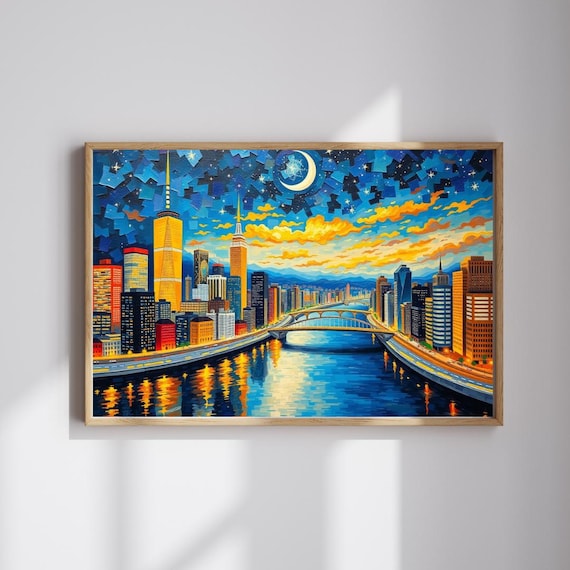 City Nightscape Moon River Starry Mosaic Jigsaw Puzzle Wall Art