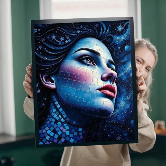 Celestial Woman Mosaic Face Blue Starry Night Portrait Print