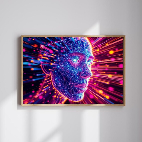 Electric Human Face Neon Network Digital Art Futuristic Cyberpunk Wall Poster