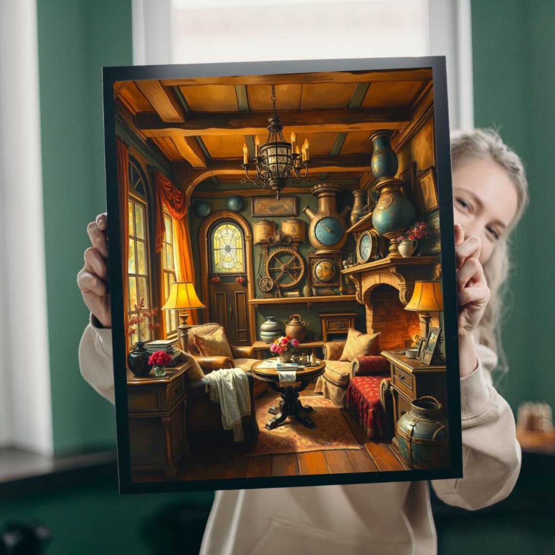 Steampunk Cozy Home Interior Poster Brass Gears Warm Library Living Room