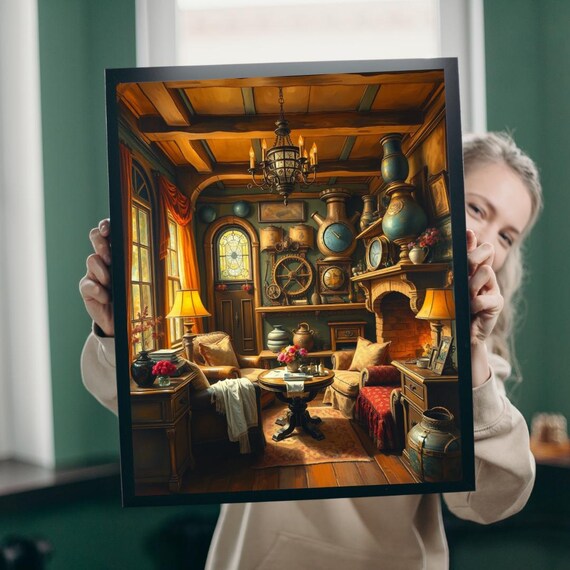 Steampunk Cozy Home Interior Poster Brass Gears Warm Library Living Room