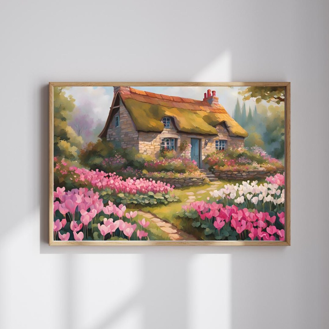 Thatched Cottage Pink Cyclamen Garden Cozy Stone Cottage Art Print