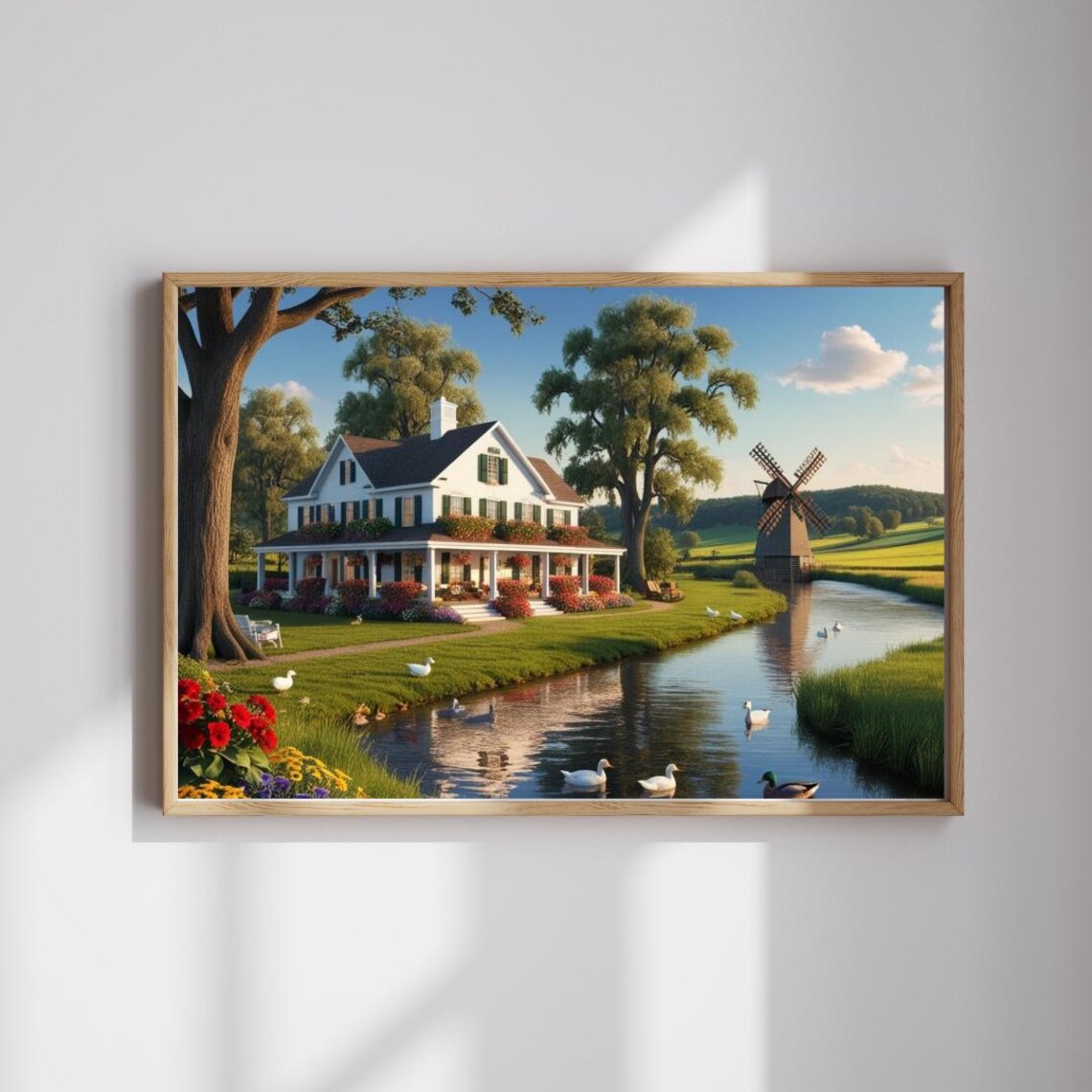 Summer Farmhouse River Ducks Windmill Flower Garden Puzzle Art Poster