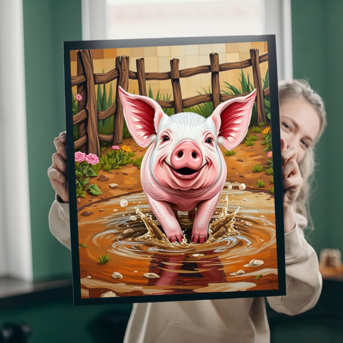 Happy Piglet Splashing in Mud Puddle Farm Poster Cute Barn Animal Decor
