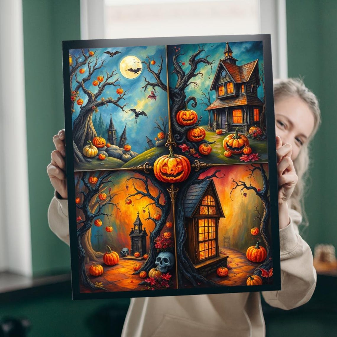 Spooky Halloween Jack O Lantern Haunted Four Panel Collage Art Print