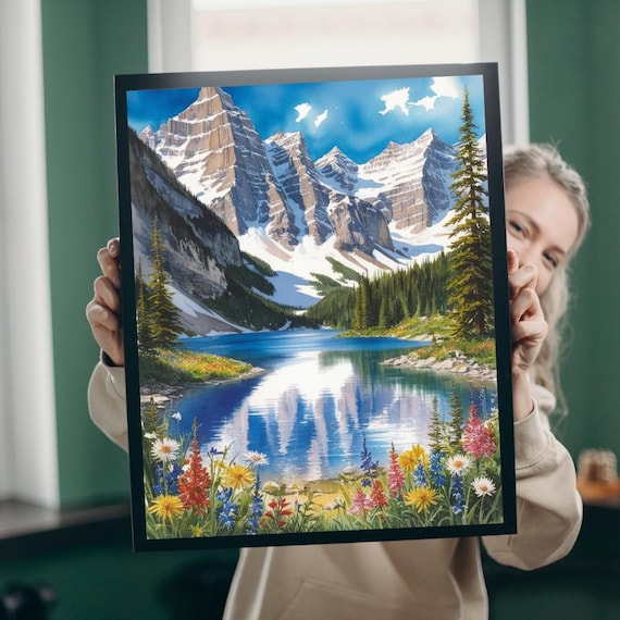Snowy Mountain Lake Wildflowers Reflection Alpine Landscape Poster