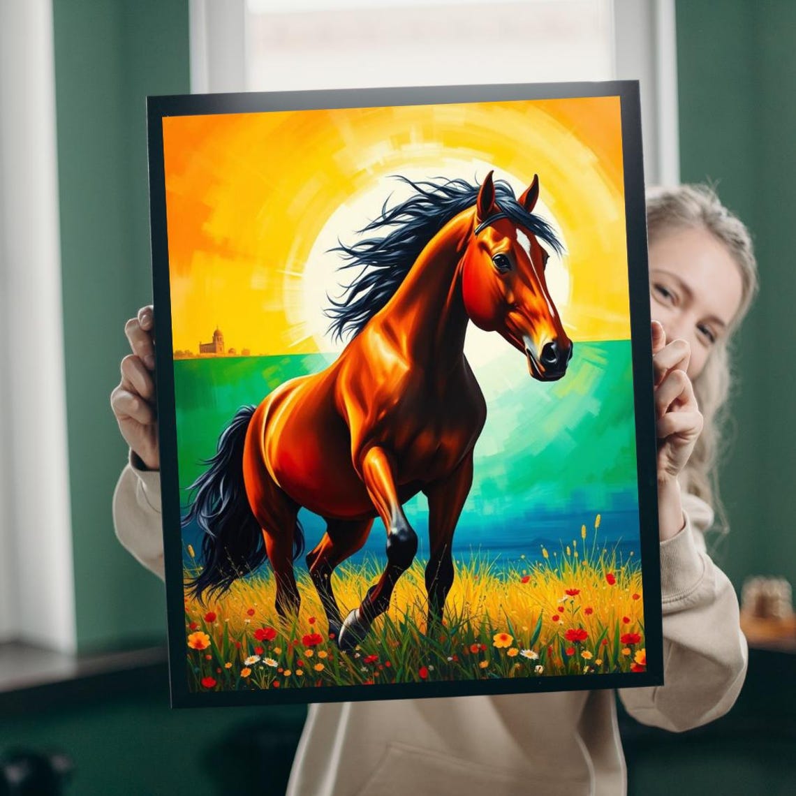 Chestnut Stallion Running Through Wildflower Meadow Sunset Poster