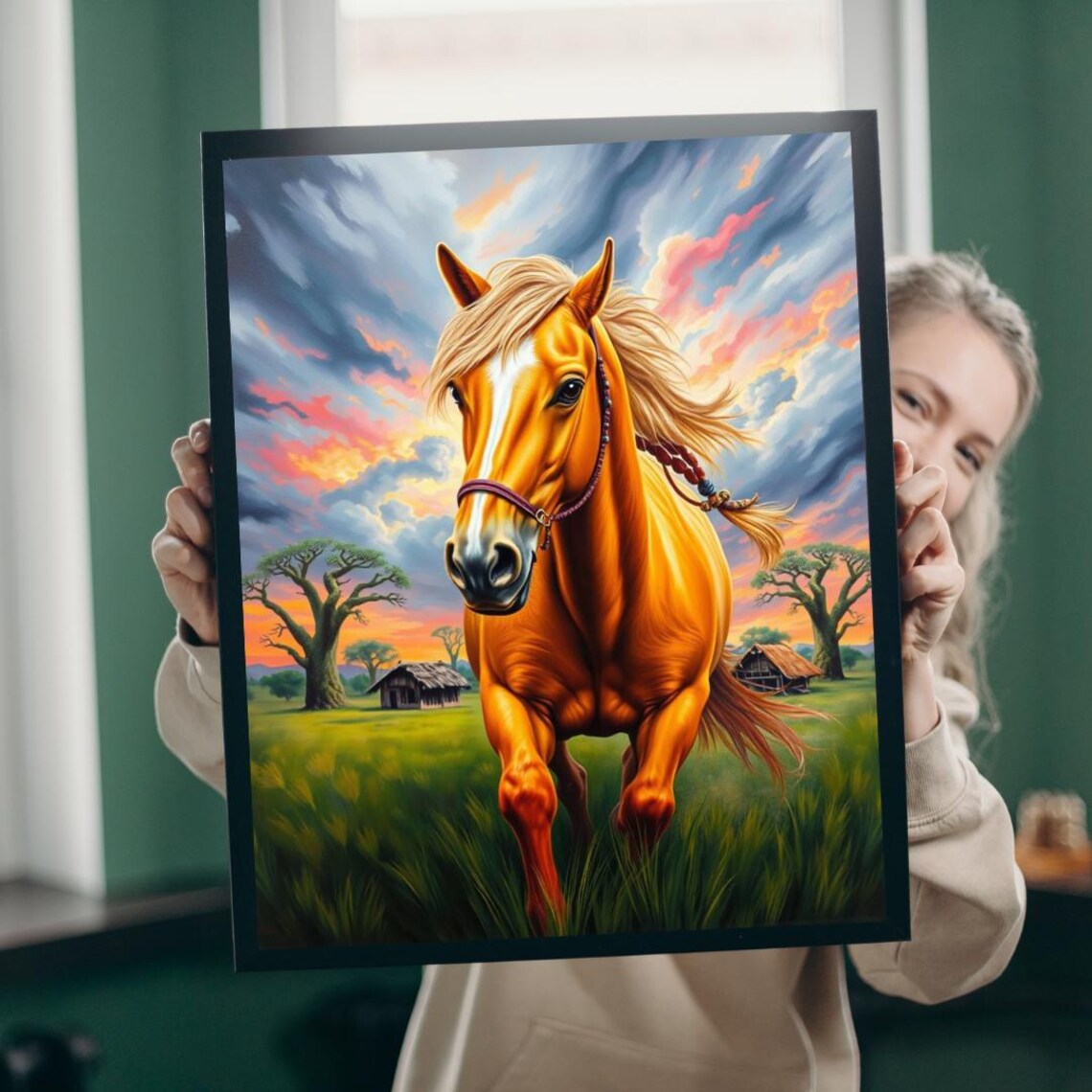 Palomino Horse Running Through African Savanna At Sunset Poster