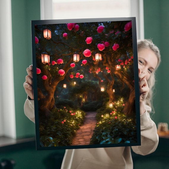 Enchanted Night Garden Lanterns Among Pink Blossom Trees Poster