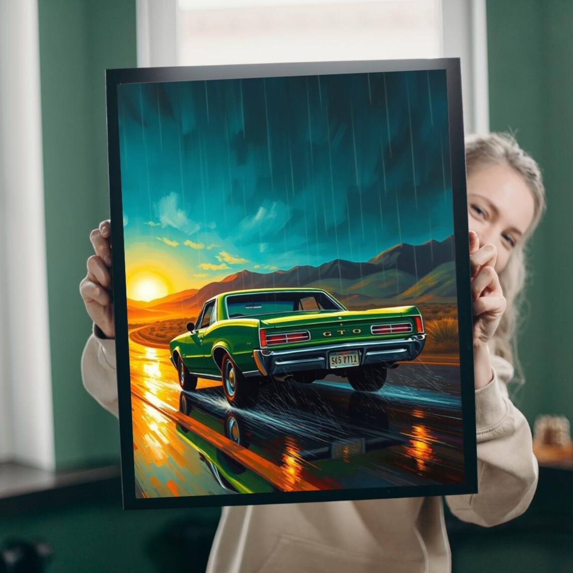 Classic Green Pontiac GTO Muscle Car In Rainy Sunset Mountains Poster