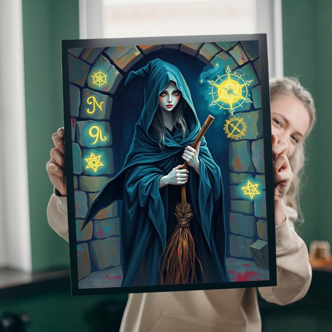 Hooded Witch With Staff Glowing Runes Stone Archway Magic Poster