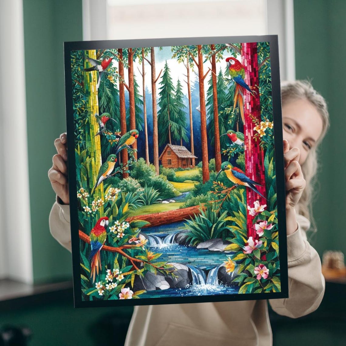 Forest Cabin Birds And Stream Mosaic Jigsaw Puzzle Nature Poster