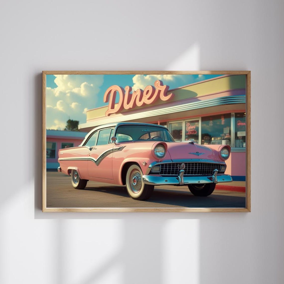 1955 Ford Fairlane Pink Classic Car At Retro Neon Diner Poster