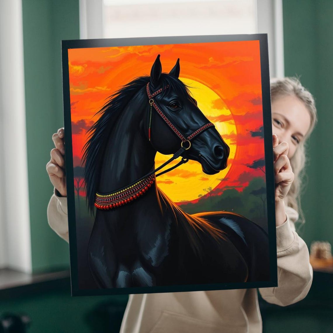 Black Stallion Portrait With Beaded Necklace At Sunset Poster