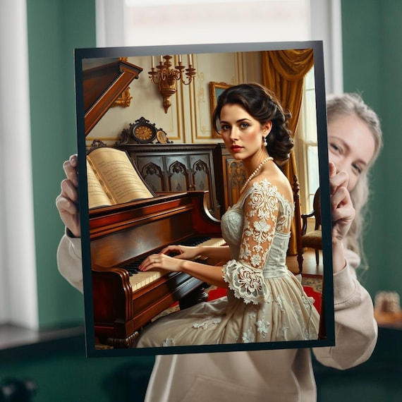 Woman in Lace Gown Playing Grand Piano Elegant Music Room Poster