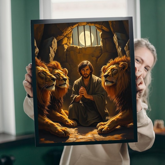 Daniel In The Lions Den Praying Man Moonlit Night Art Poster