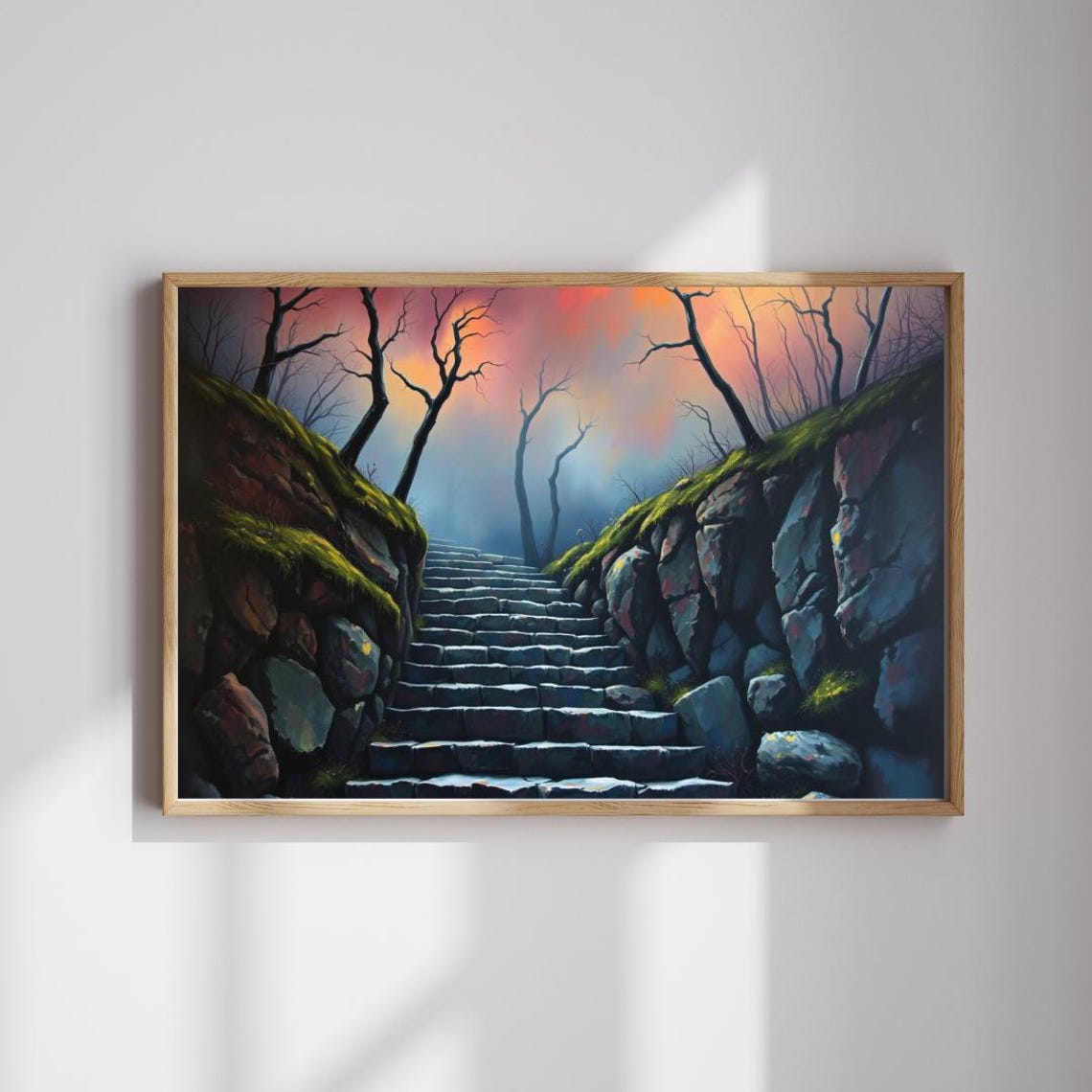 Dark Stone Stairs into Misty Forest Mysterious Gothic Art Poster